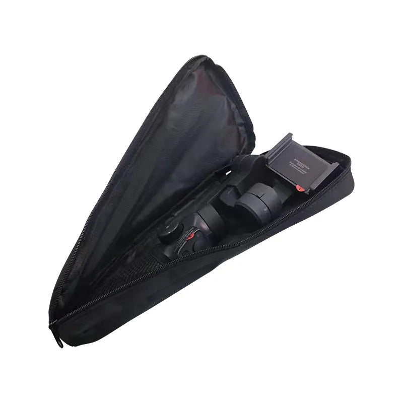 Black cloth portable storage bag for mobile phone stabilizer accessories.
