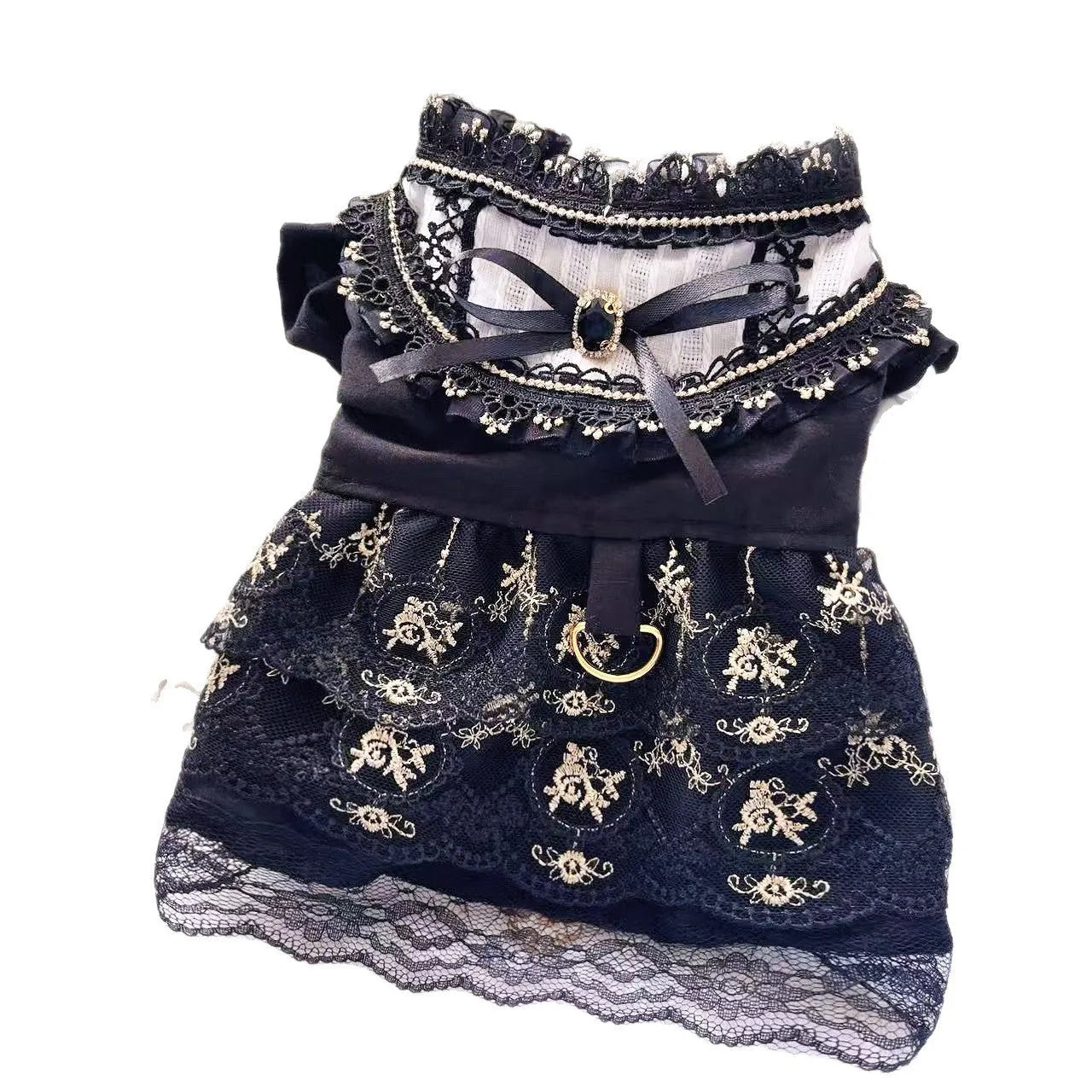 Golden gothic princess style skirt dress for a small dog or cat on a mannequin.