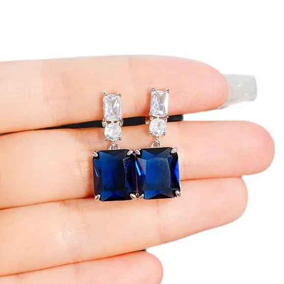 Blue contrast zircon earrings copper geometric sweet style unisex jewellery