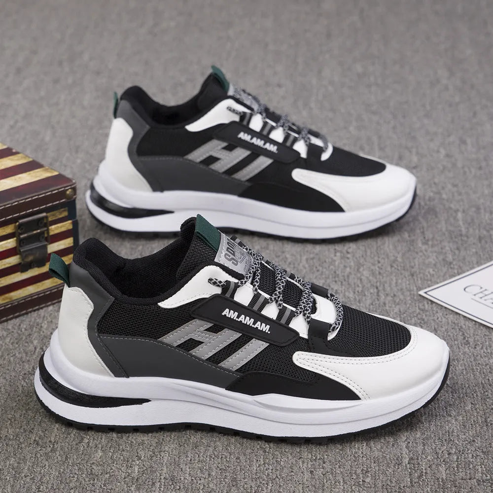 Men's grey and black breathable running shoes with flyknit mesh upper and rubber sole, sizes 39-44