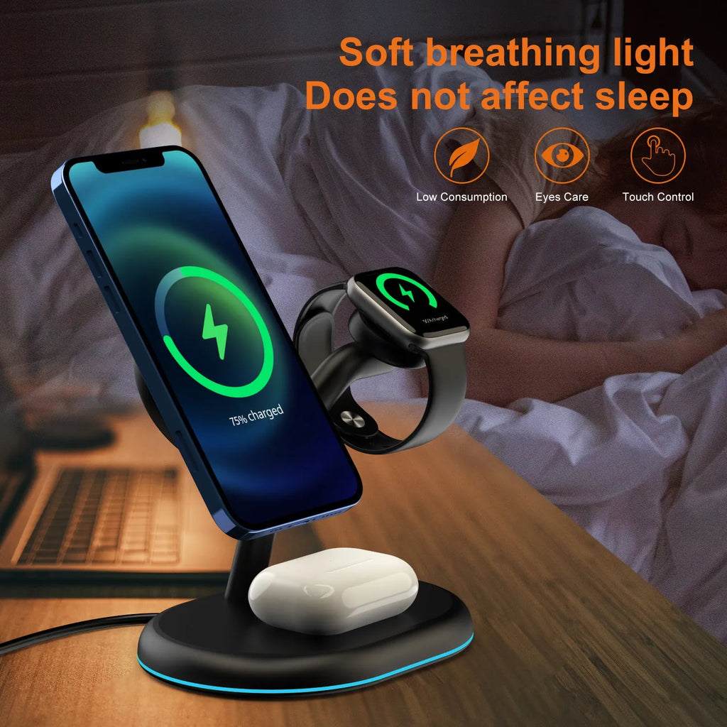 Black three-in-one magnetic wireless charging pad for smartphones and tablets.