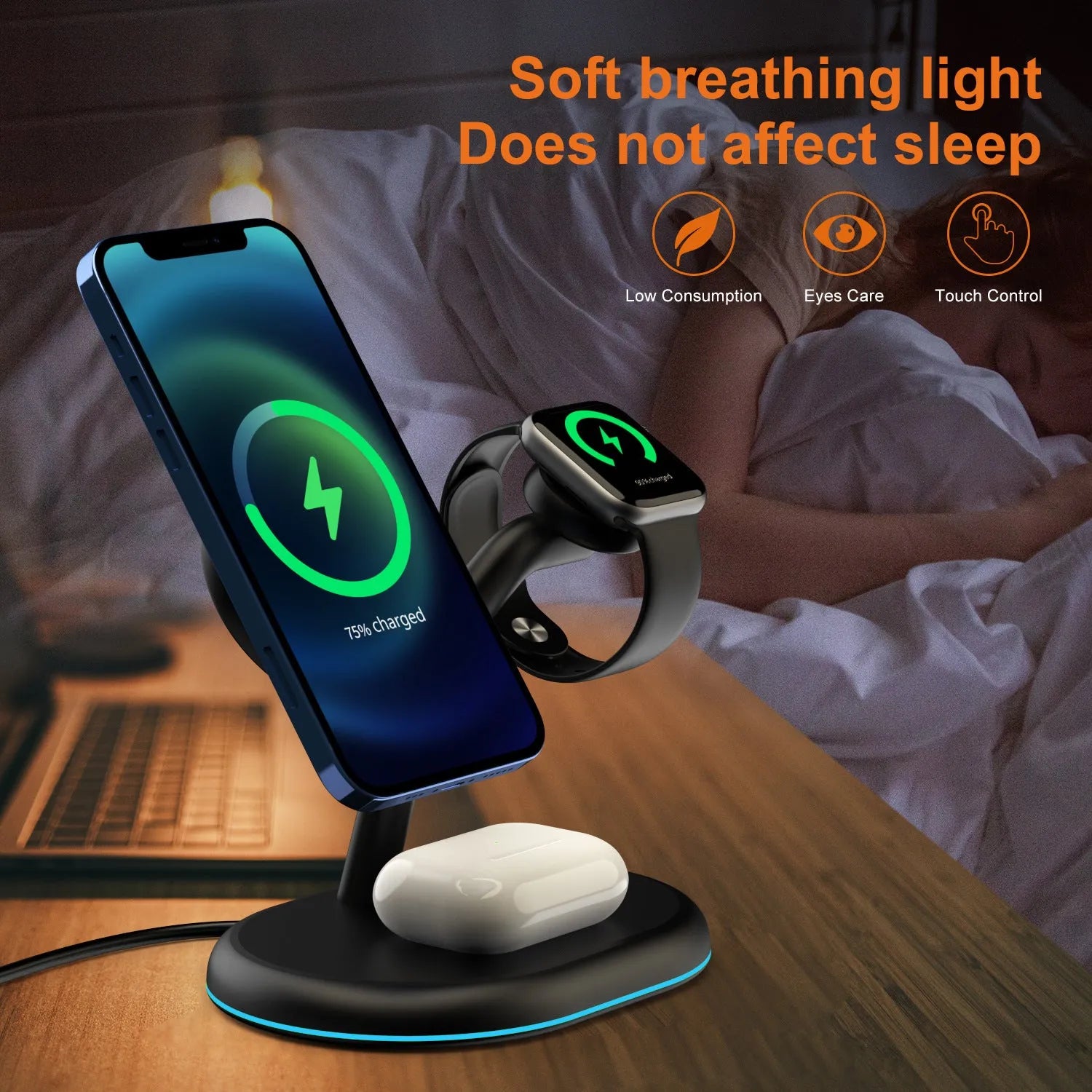 Black three-in-one magnetic wireless charging pad for smartphones and tablets.