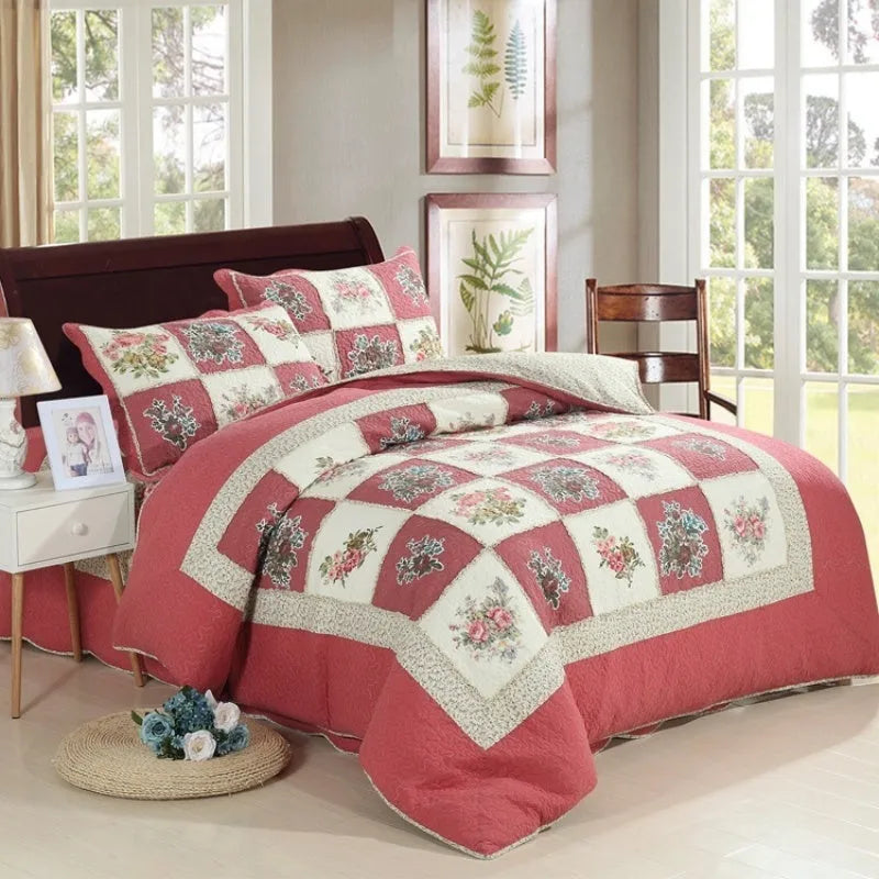 Pure cotton quilted bedspread three-piece set showing bed cover and pillowcases