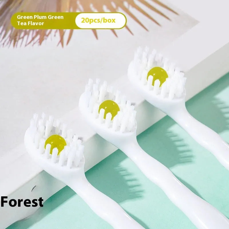 Box of 20 disposable bead toothbrushes with pre-pasted heads for travel and convenience