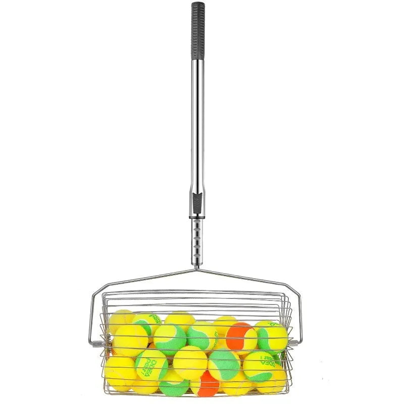 Stainless steel manual roller tennis ball picker for collecting 30 or 60 balls on court.