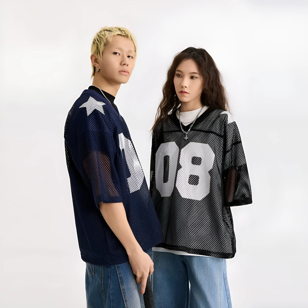 Black half sleeve pullover shirt with white letters pattern, loose fit design