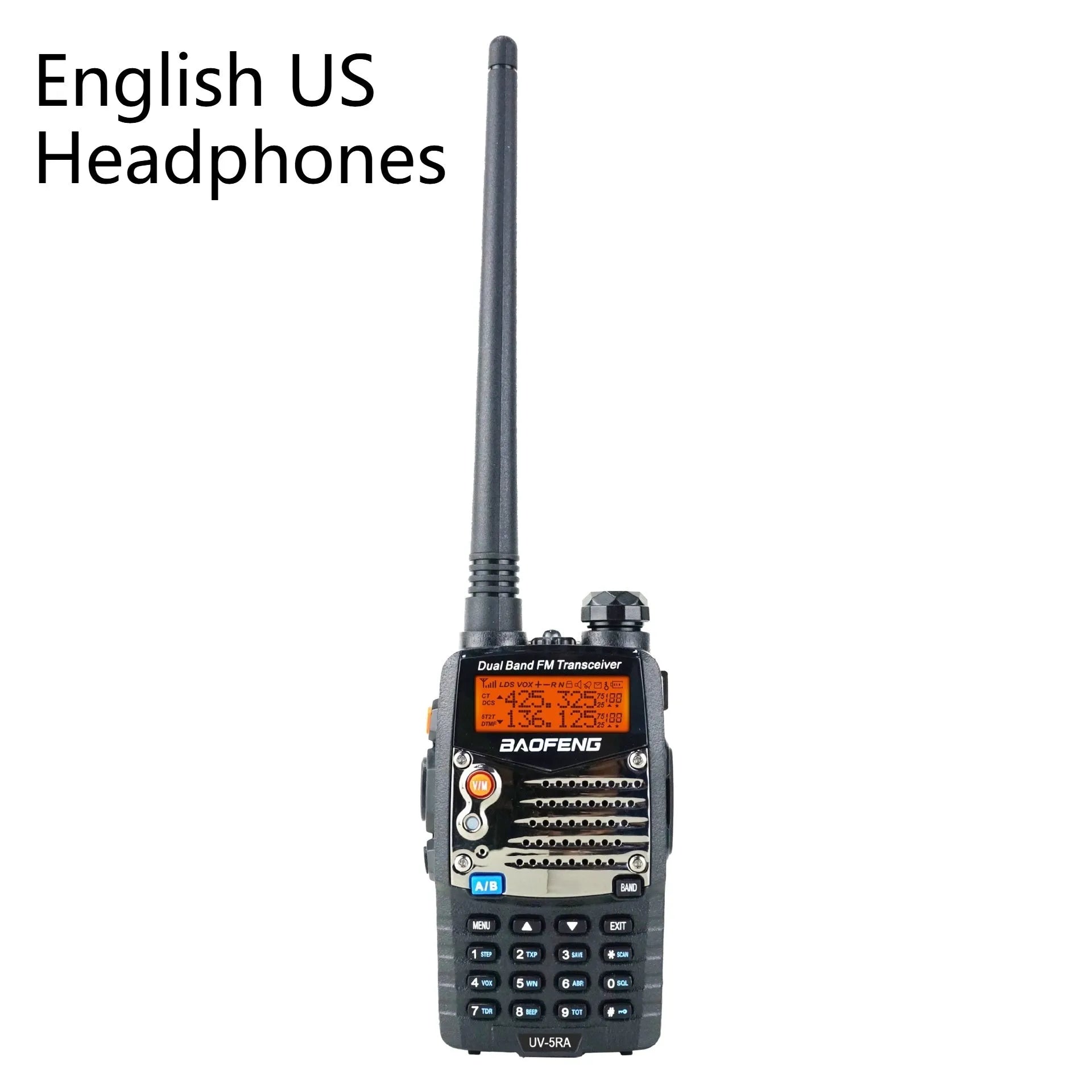 Baofeng UV-5RA black dual-band two-way radio with LCD dual display, shown with optional headset.