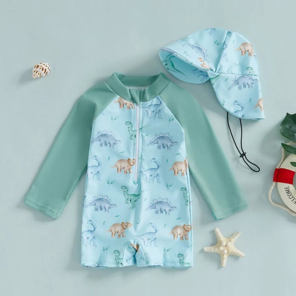 Children's long sleeve one-piece swimsuit in polyester, available in dinosaur light green sleeve design, on white background