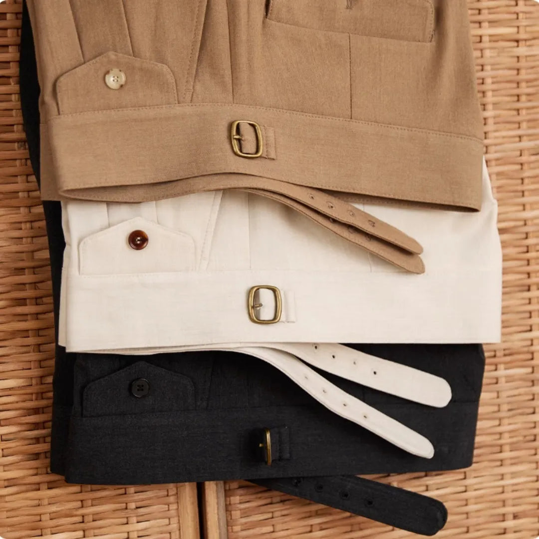 Men's slim fit straight leg business trousers in dark grey, light brown, and light apricot colours