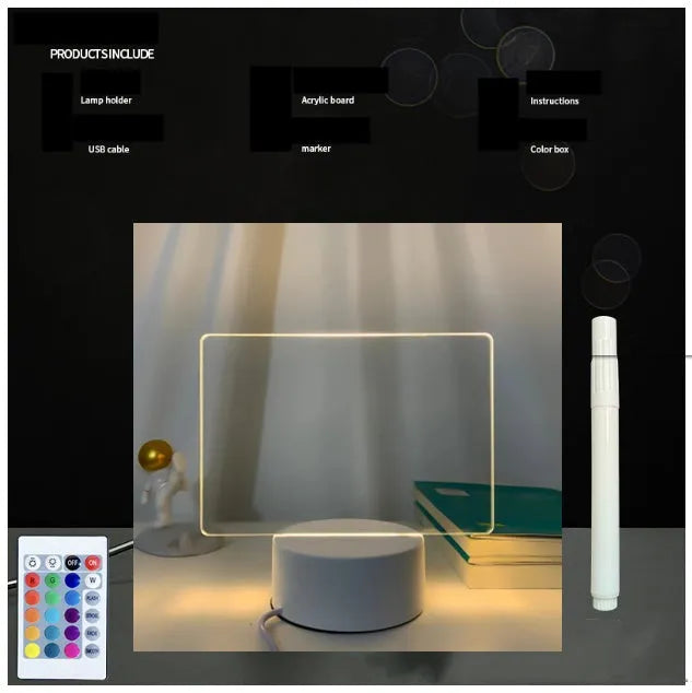 Black 3D acrylic LED night light and message board with stylus on a desktop