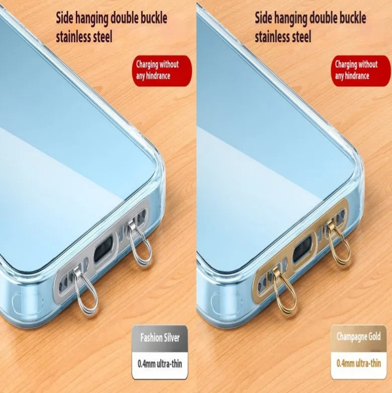 Mobile phone lanyard connector in metal with electroplated finish, side hanging clip and double buckle gasket.