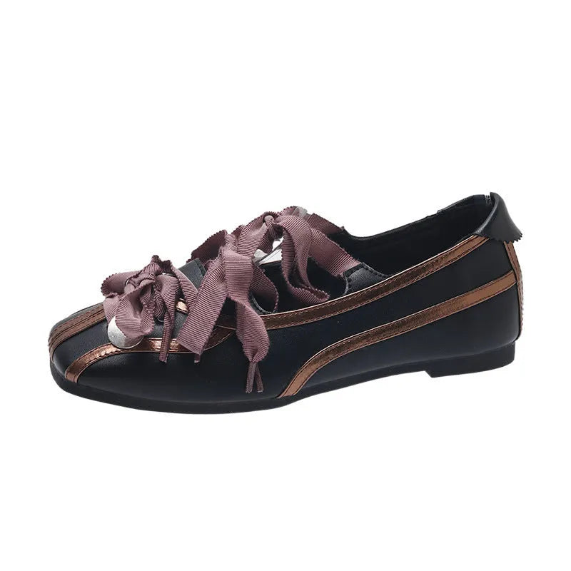 Black Mary Jane flat shoes with square toe and artificial PU upper, sizes 35 to 40