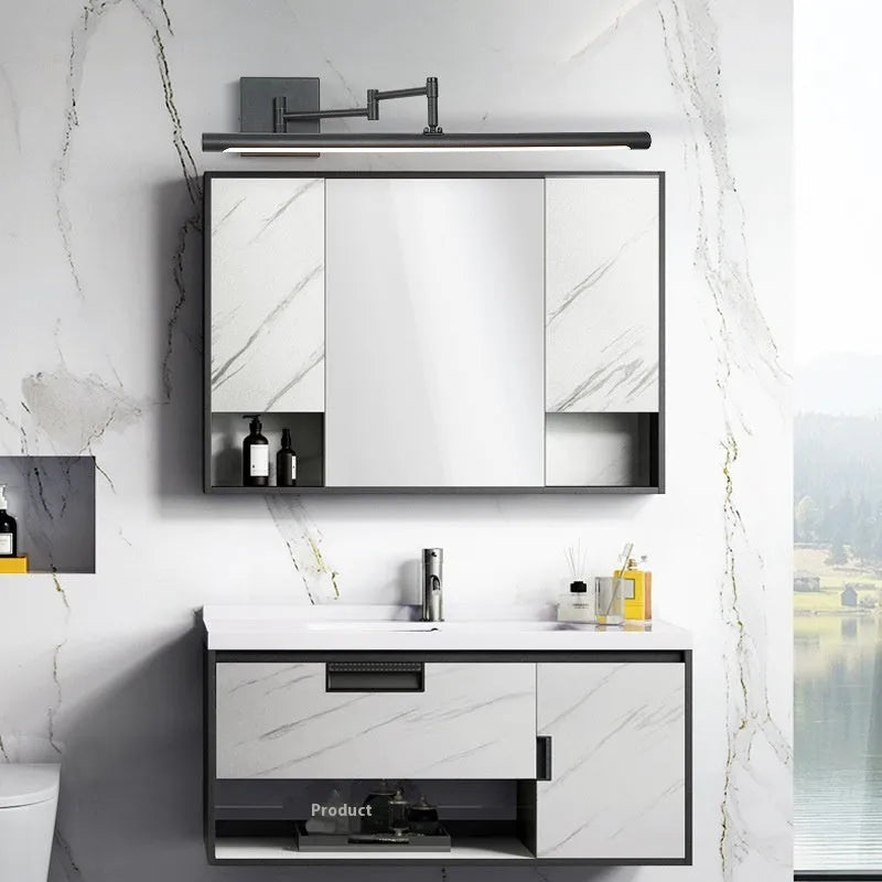 Modern LED bathroom mirror cabinet with adjustable lighting in sand finish