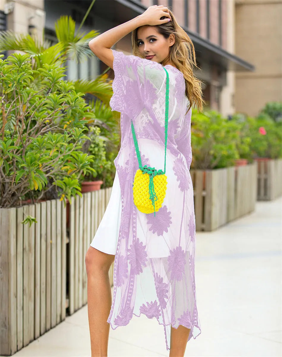Light purple women's beach dress cardigan with lace embroidery details