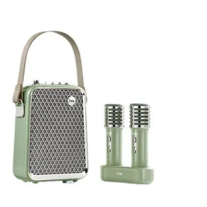 Dual microphone Bluetooth speaker suit in green or white with one audio unit and two microphones for karaoke