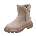 Women's black high-top snow boots with side zipper and faux fur lining shown alongside khaki colour option