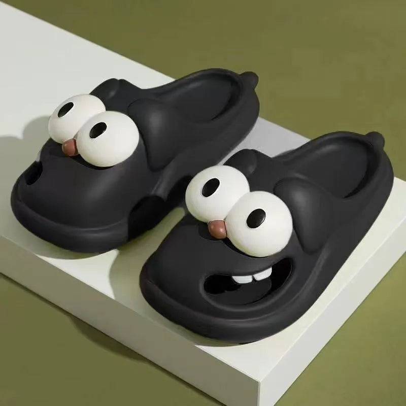 Cartoon big eye dog slippers for women in green PVC material