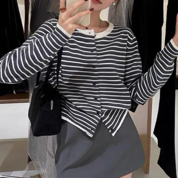 French style women's dark grey striped cardigan coat with 40cm length and white stripe detail