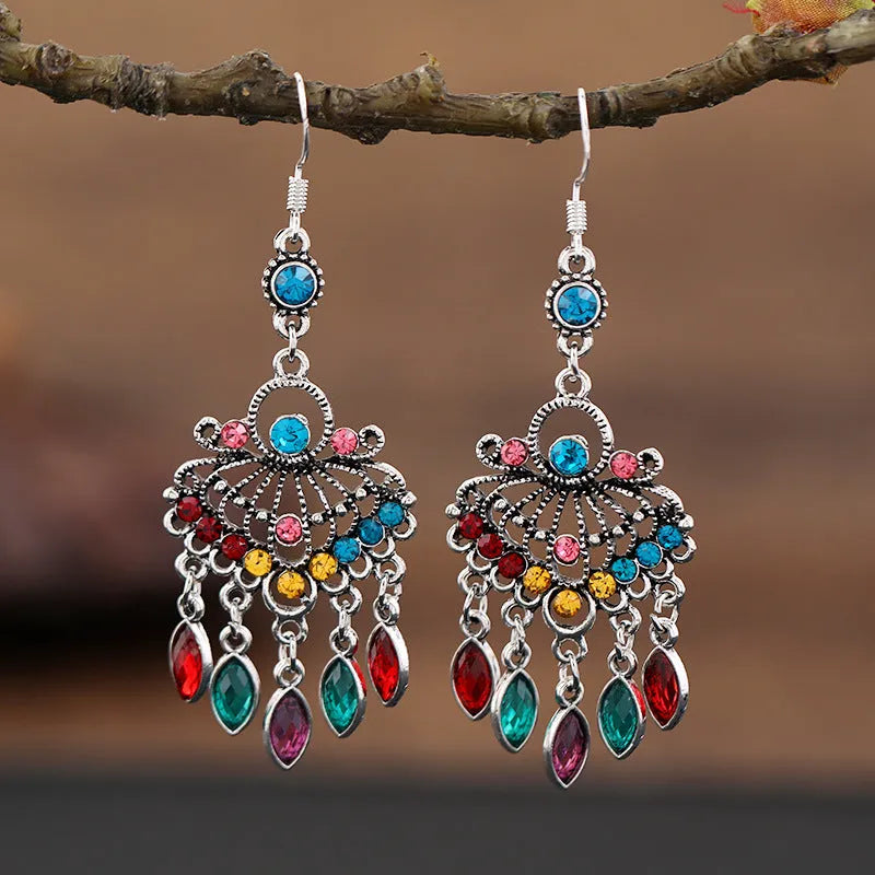 Retro purple alloy drop earrings with crystal elements and long fringe detailing