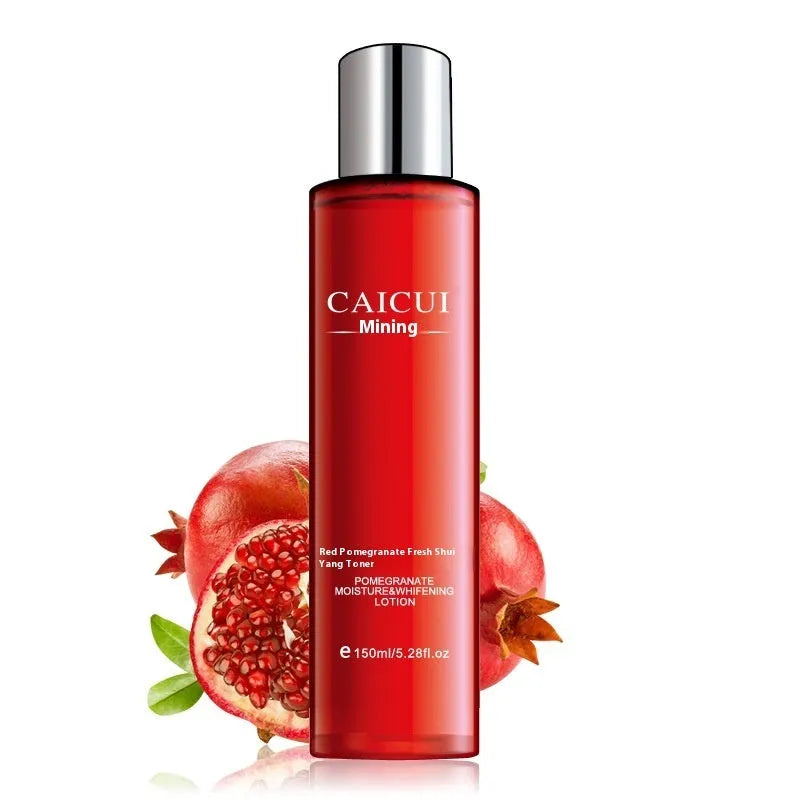 Red pomegranate skincare set showing four bottles: face wash, toner, lotion, and facial cream.