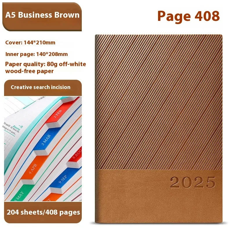 A4 notepad with striped PU leather cover open to show 80g wood-free paper pages