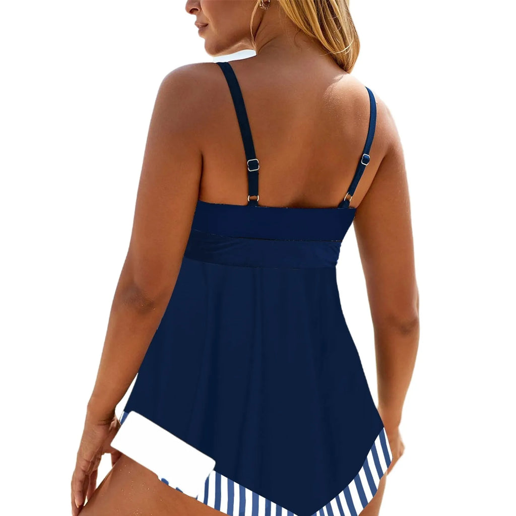 Plus size woman wearing a green two-piece bikini swimsuit with a backless, briefs design.