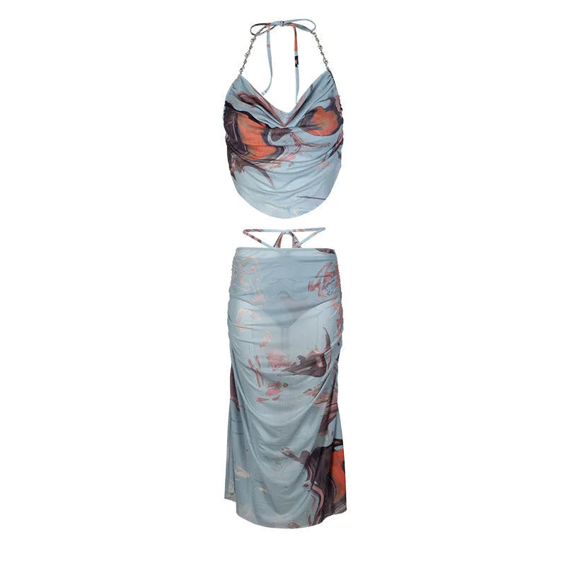 Blue women's three-piece bikini with diamond chain split design and briefs style