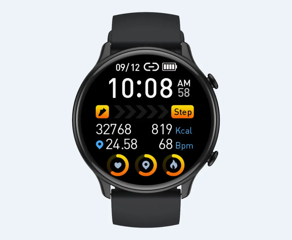 Round smart sports watch with touch screen display and silicone wrist strap for heart rate and sleep monitoring