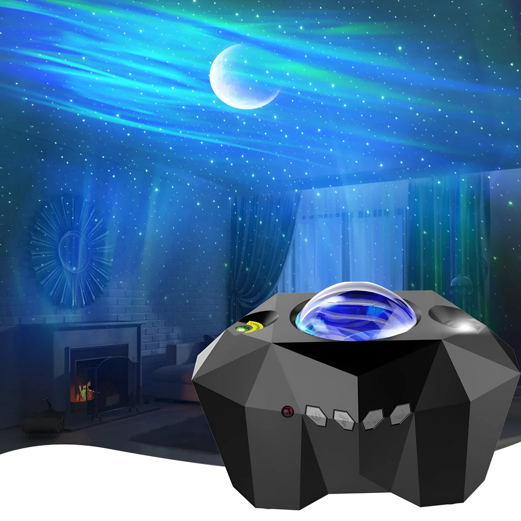 LED projector with green laser and multi-colour water wave, 13 colour patterns, USB powered, remote control included