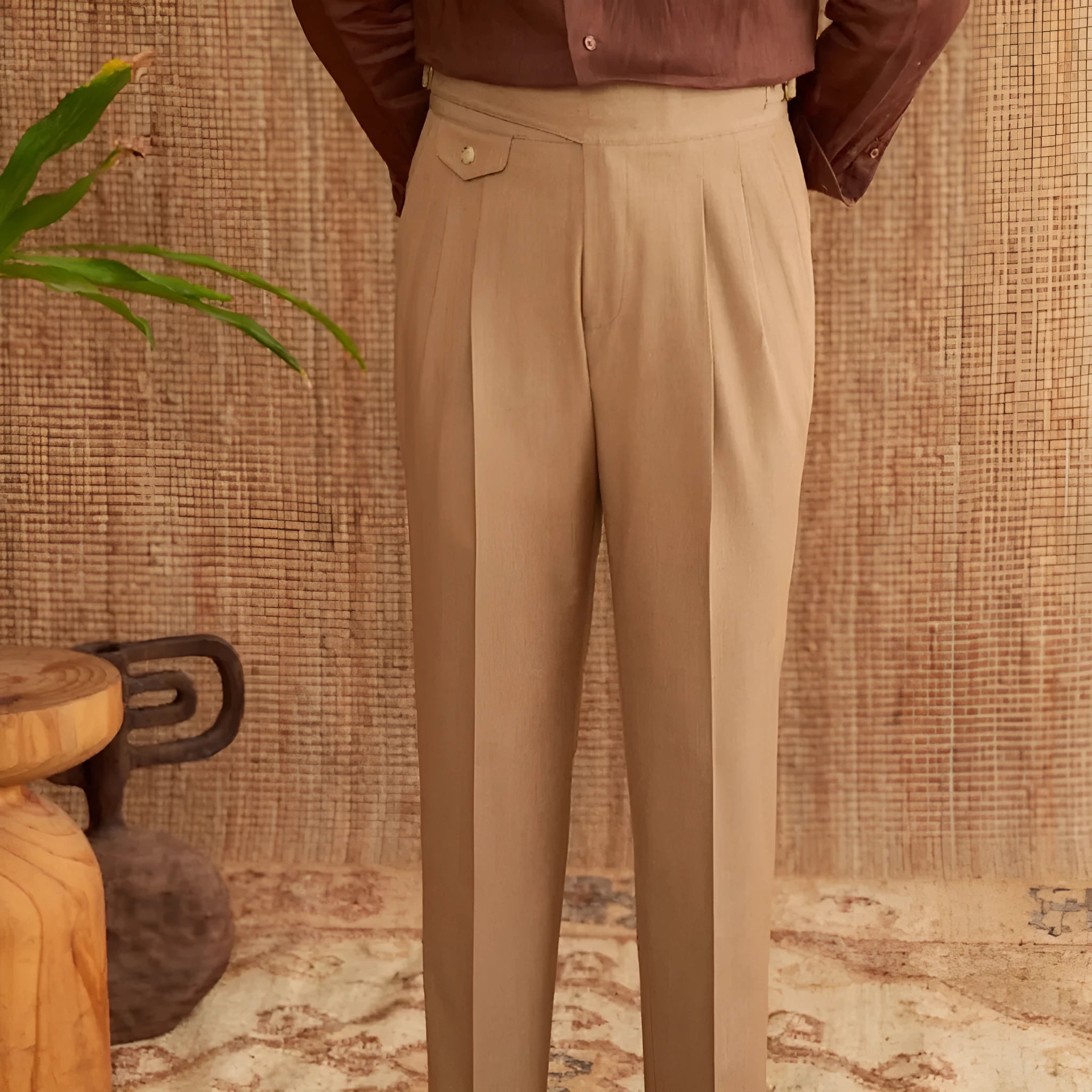 Men's slim fit straight leg business trousers in dark grey, light brown, and light apricot colours