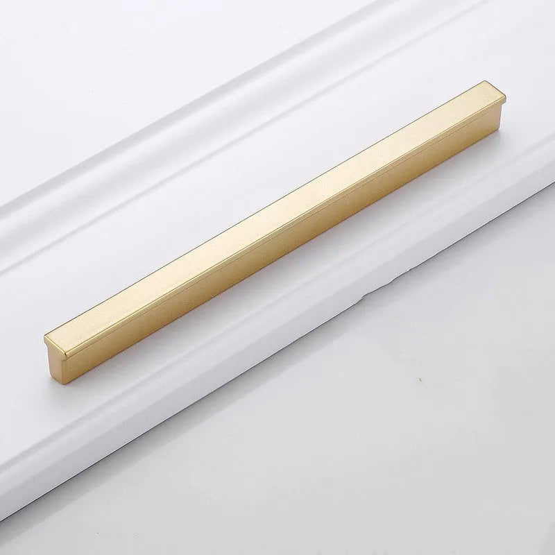 Gold T-shape single hole cabinet handle with aluminium alloy construction showing three hole distance options