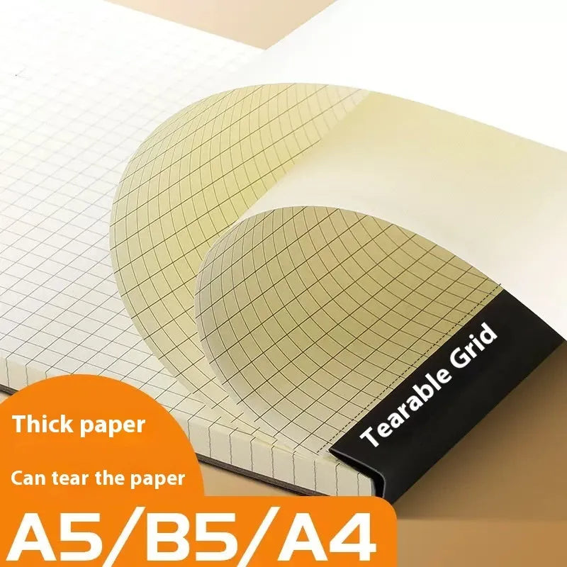 A5, B5 and A4 tearable writing pads with blank, grid, and horizontal line rulings, 80 sheets per notebook.