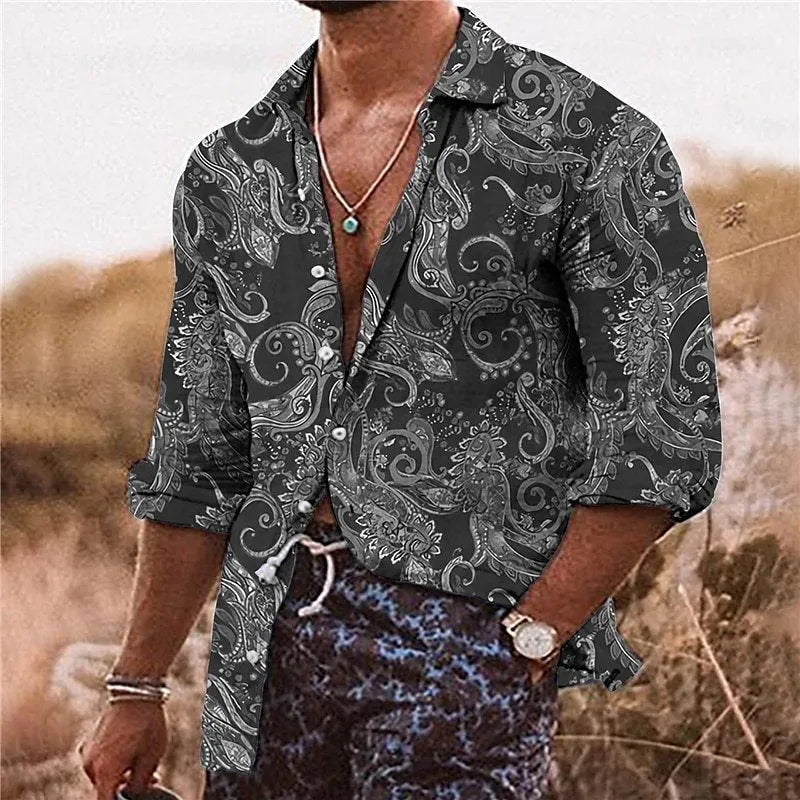 Men's loose-fit long sleeve shirt with a colourful bohemian style 3D floral pattern print.
