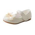 Bowknot PU leather children's shoes with Velcro closure and beef tendon sole, available in pink, beige, gray, and black, sizes 19-35.