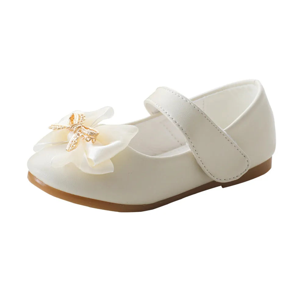 Bowknot PU leather children's shoes with Velcro closure and beef tendon sole, available in pink, beige, gray, and black, sizes 19-35.