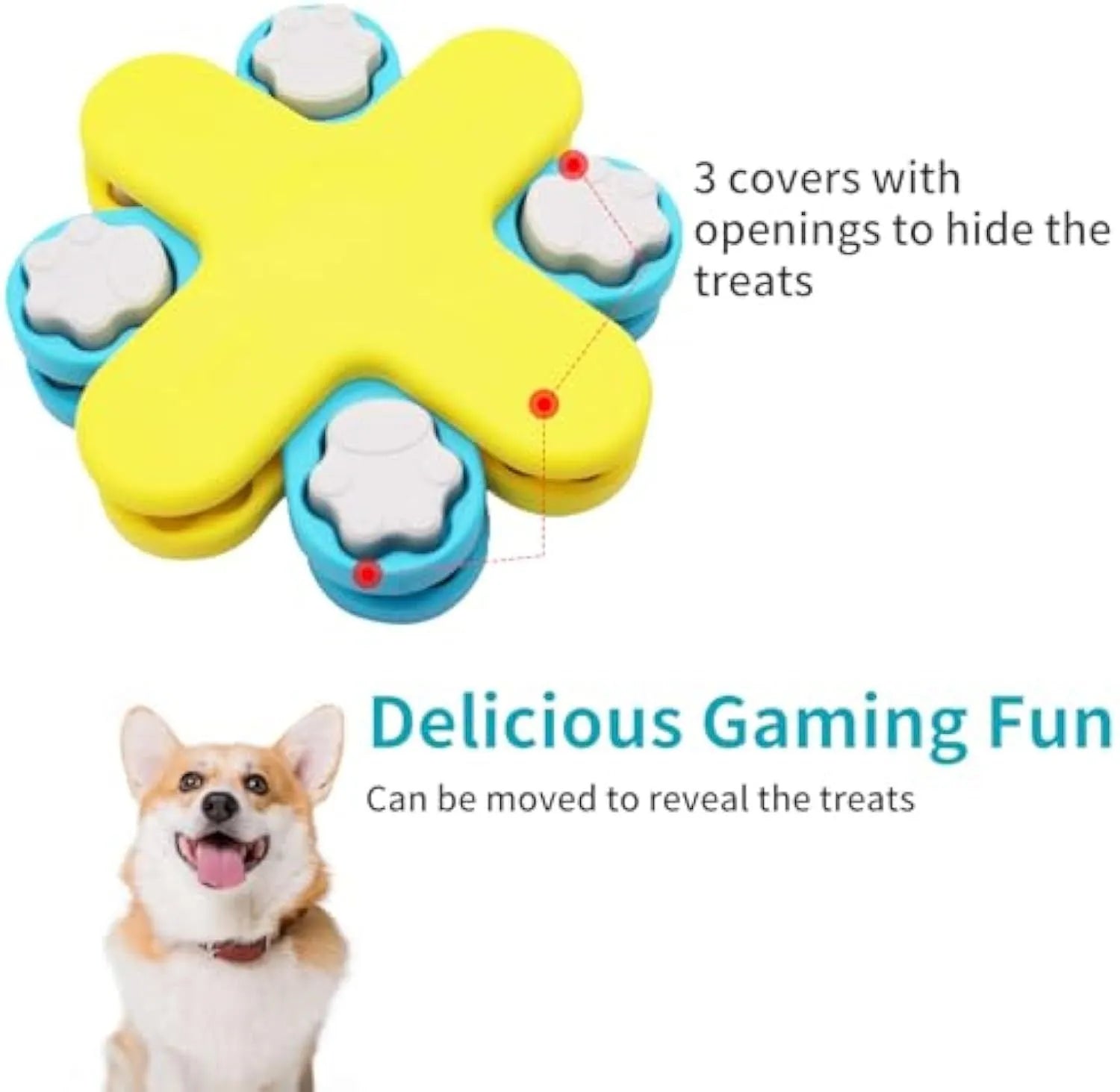 Yellow three-layer rotating dog puzzle feeder with claw-shaped lids and anti-slip base