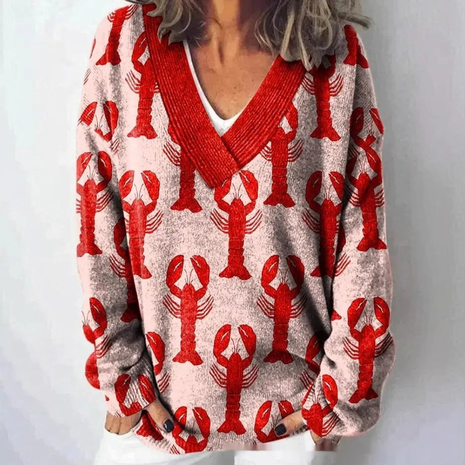 Women's grey V-neck sweatshirt with a white 3D floral pattern print and long sleeves.