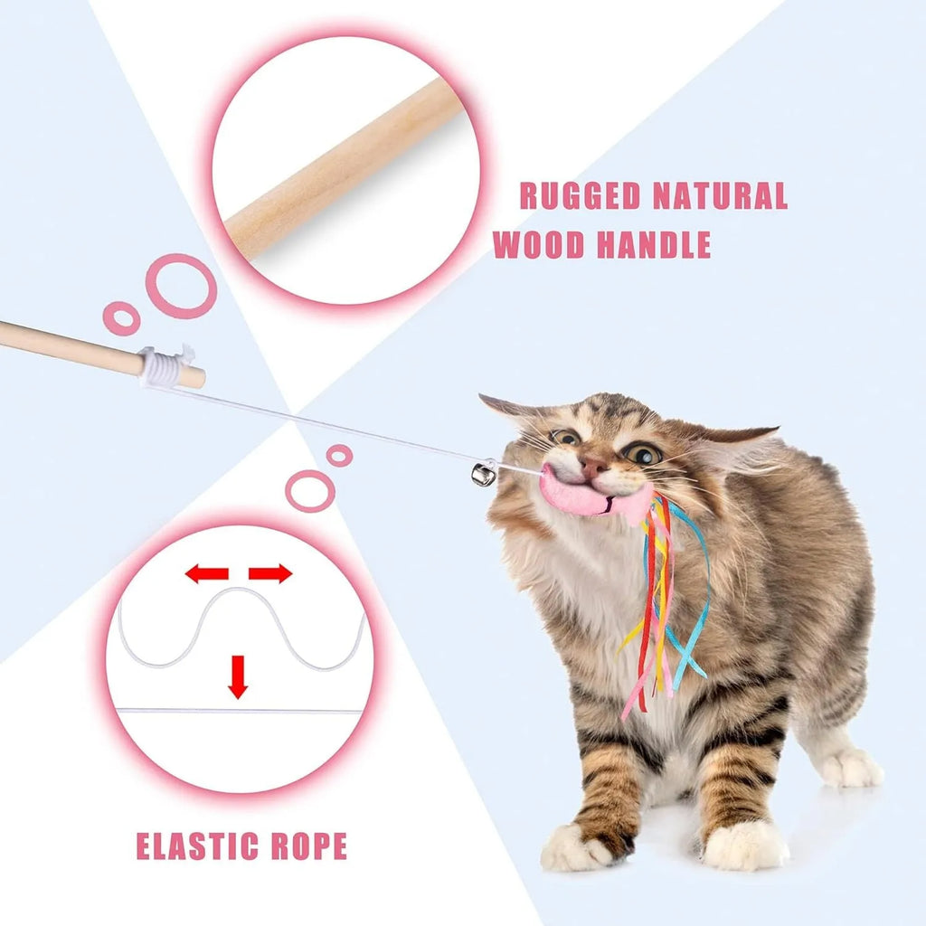 Colourful cat wand toy with ribbons, catnip fish, bell, and wooden handle.
