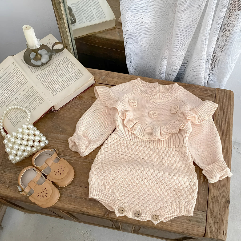 Baby girls stone powder cotton knitted jumpsuit with hand crochet flower pineapple plaid, long sleeve pullover