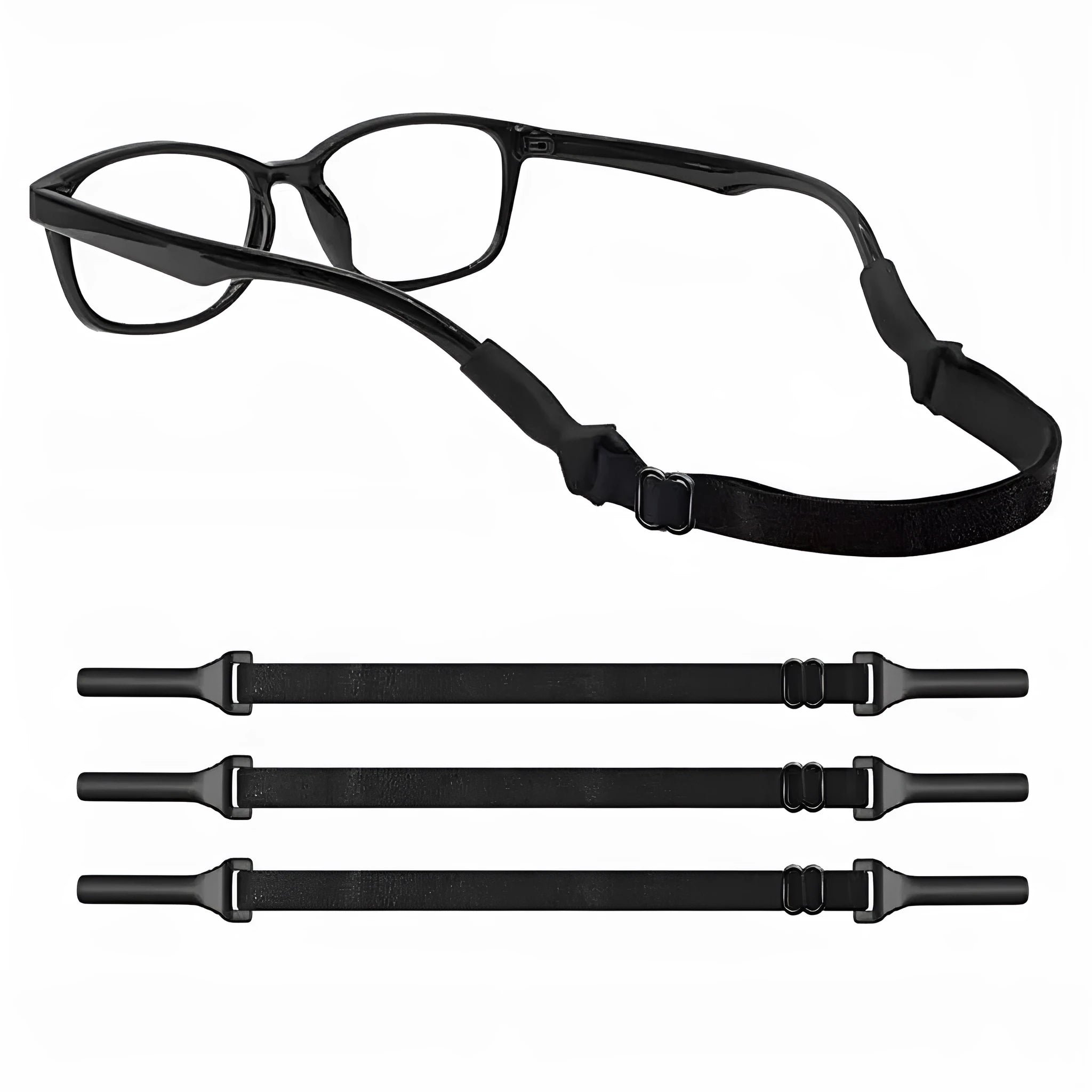 Black adjustable glasses cord with silicone earpiece ends for securing spectacles