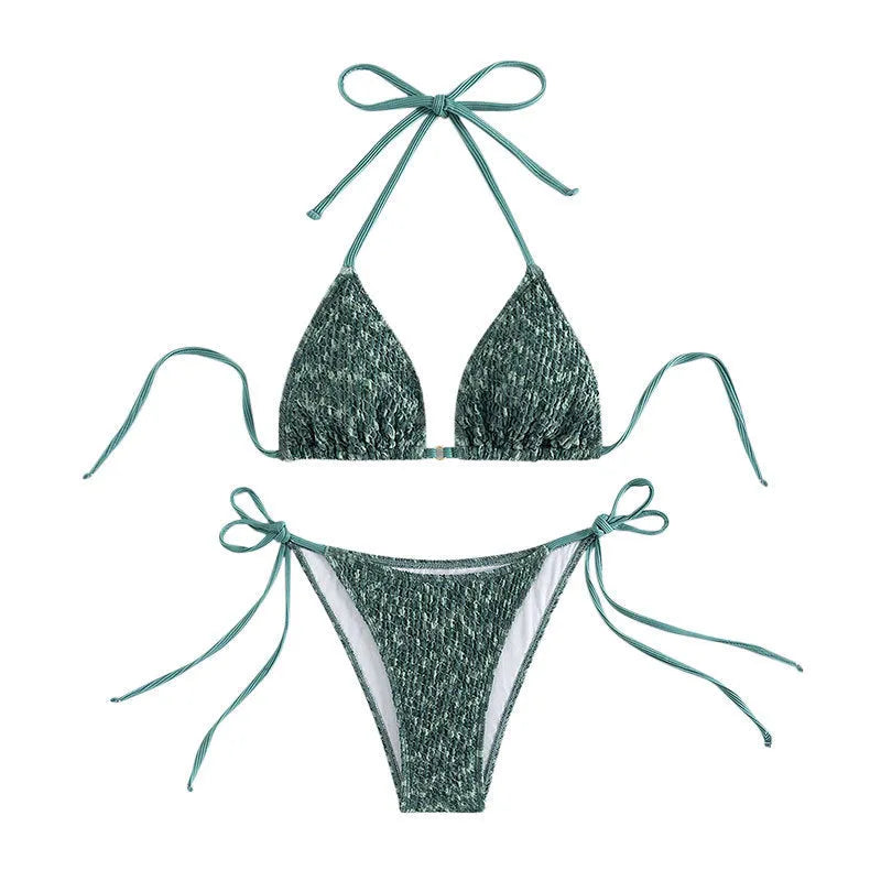 Women's green backless halter swimsuit bikini set with shorts