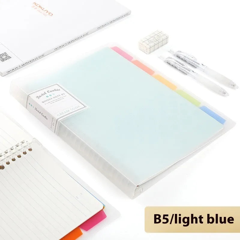 Refillable A5 and B5 spiral notebook with PP cover, shown in pastel cookie blue and plaid impression designs with loose-leaf paper.