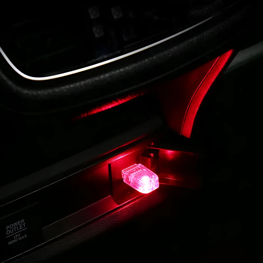 USB car ambient light with touch and voice control for white, blue, ice blue, pink, and RGB lighting modes.