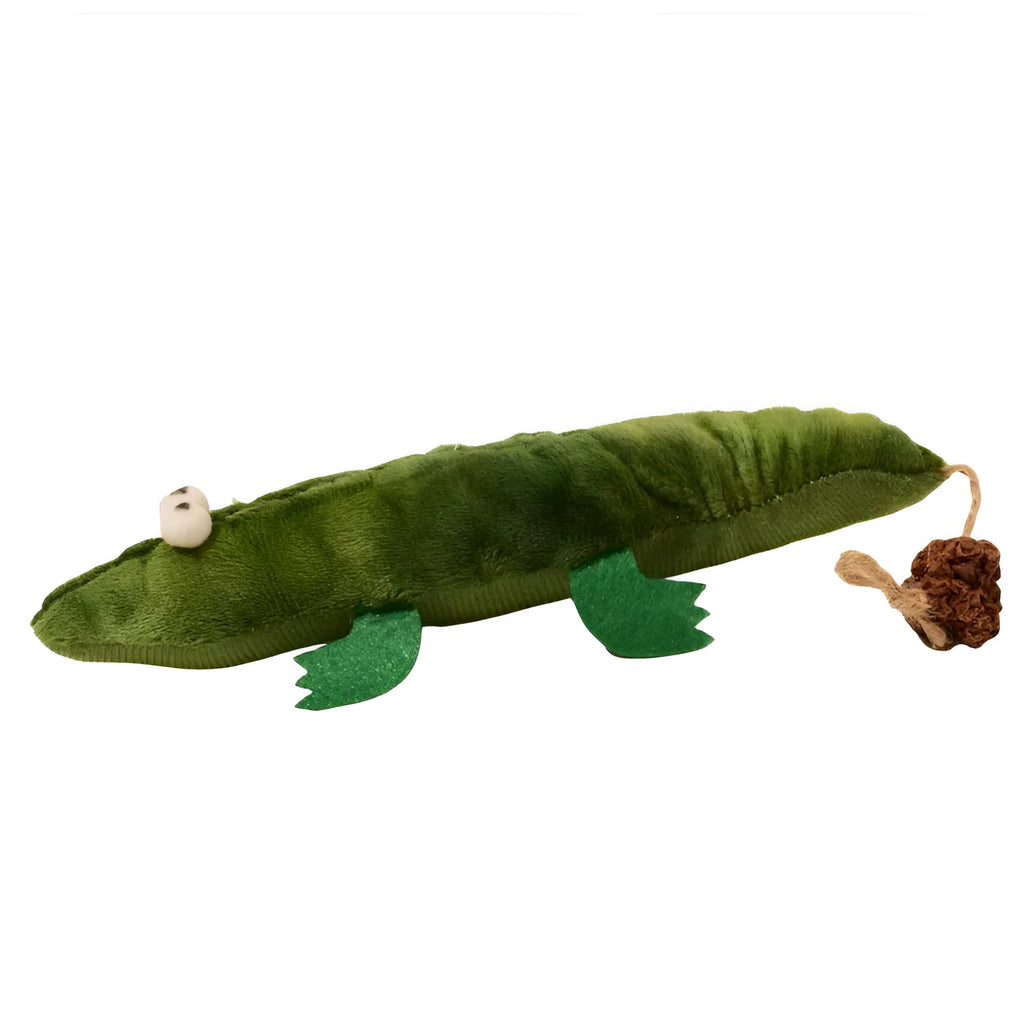 Green plush alligator shaped cat toy with catnip and peppermint for oral cleansing and stress relief
