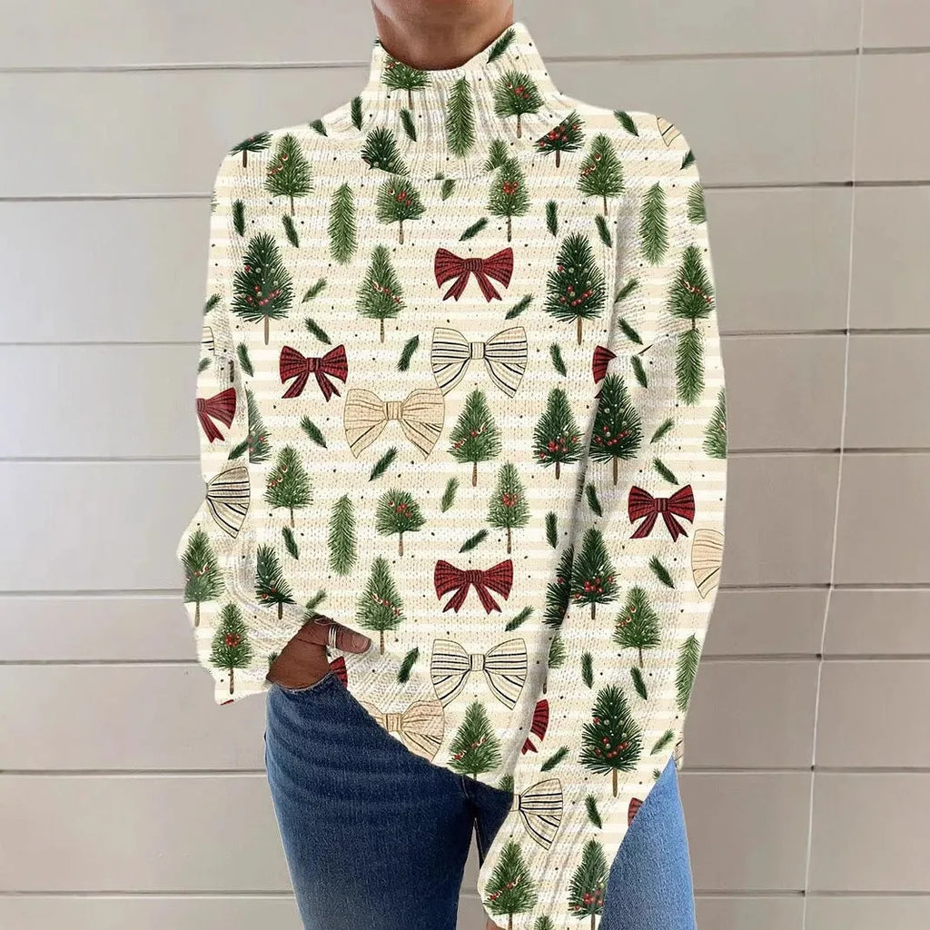 Women's Christmas printed turtleneck sweater with painting pattern on thick knit polyester fabric