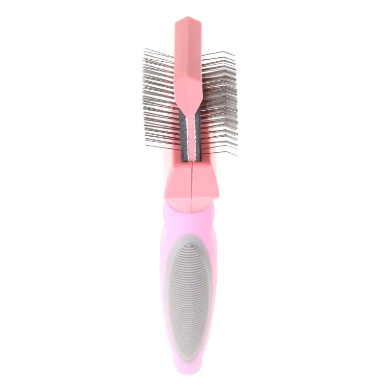 Blue and pink double-sided pet brushes showing soft bristles and stainless steel pins on a non-slip handle.