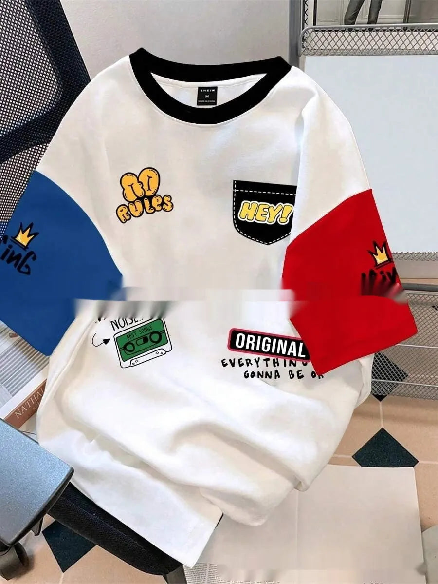 Men's printed casual t-shirt in polyester with letter pattern design and loose fit styling