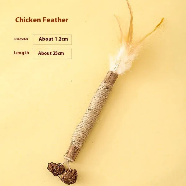 Polygonum wood cat teething rod with 2.2cm diameter and chicken feather attachment