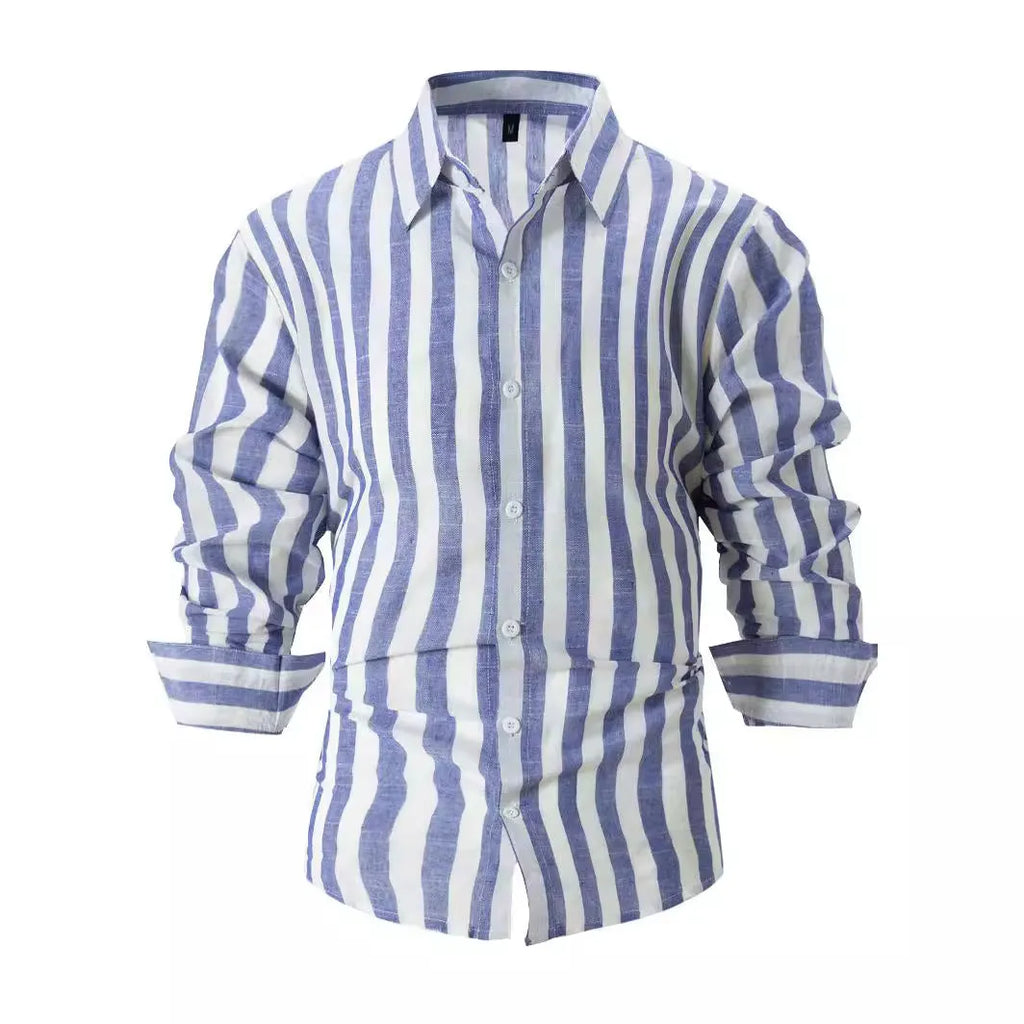 Man wearing loose-fitting striped long-sleeved shirt in polyester fabric with British casual style