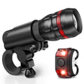 Bicycle headlight and taillight safety set with mounting bracket on a bike handlebar.